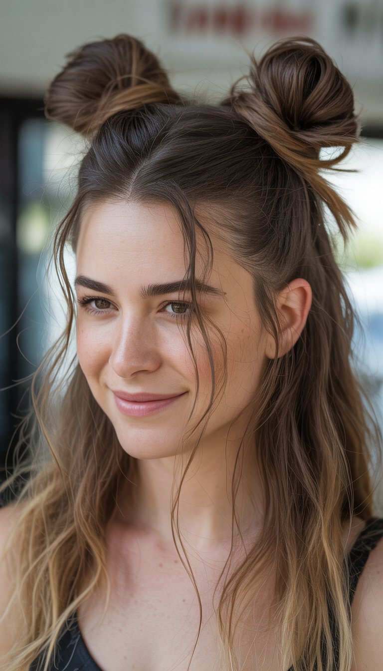 A young woman with long, wavy brown hair styled into two buns on top of her head, smiling slightly. She is wearing a black top and has subtle makeup with natural tones. The background is softly blurred, emphasizing her face.