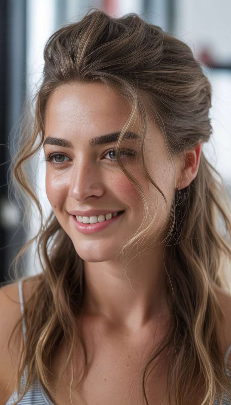 A woman with wavy, light brown hair is smiling softly, with a light blue striped top visible. The background is softly blurred.