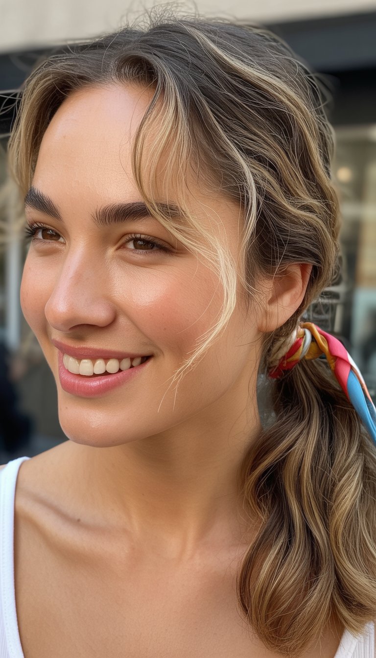 A person with long, wavy hair tied back with a multicolored hairband, smiling and looking to the side against an urban backdrop.