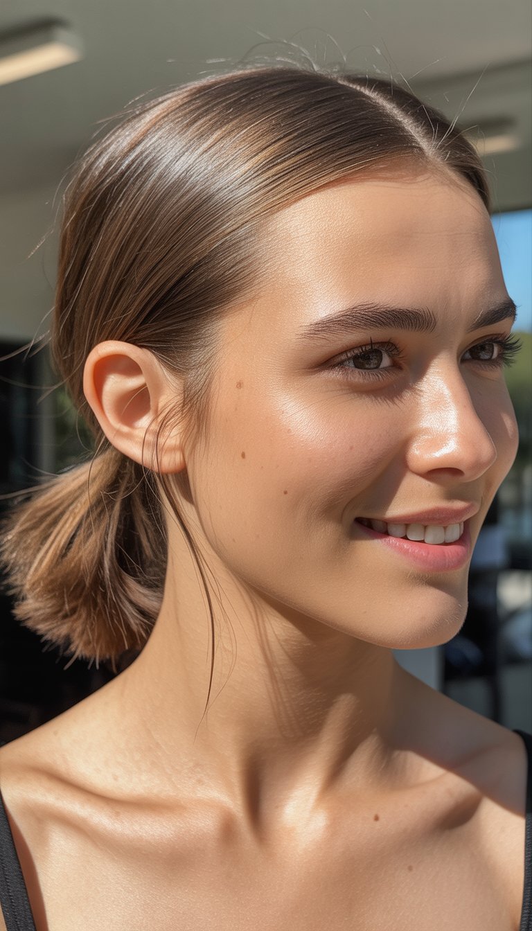 A young woman with smooth skin and dark brown hair tied back, smiling outdoors with natural lighting enhancing her features.