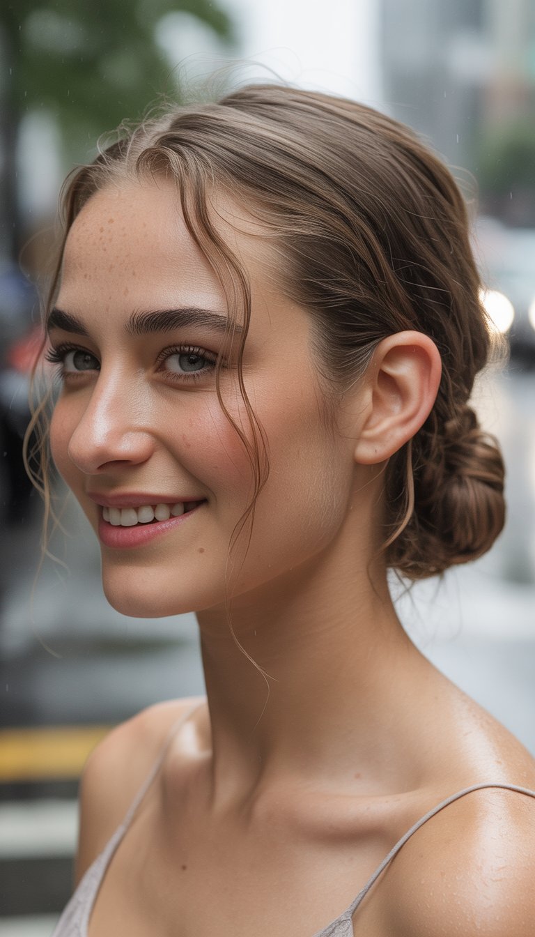 Close-up of a woman with light brown hair styled in a bun, smiling outdoors on a rainy day.