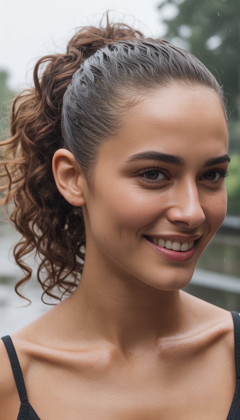 A smiling woman with curly hair tied up, wearing a black top, standing outdoors.