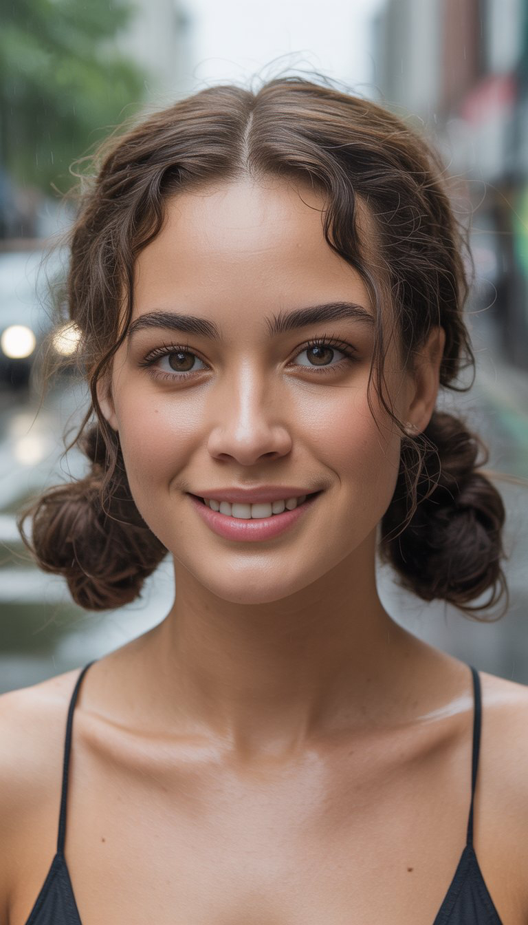 Young woman with curly hair in a street setting, smiling at the camera.