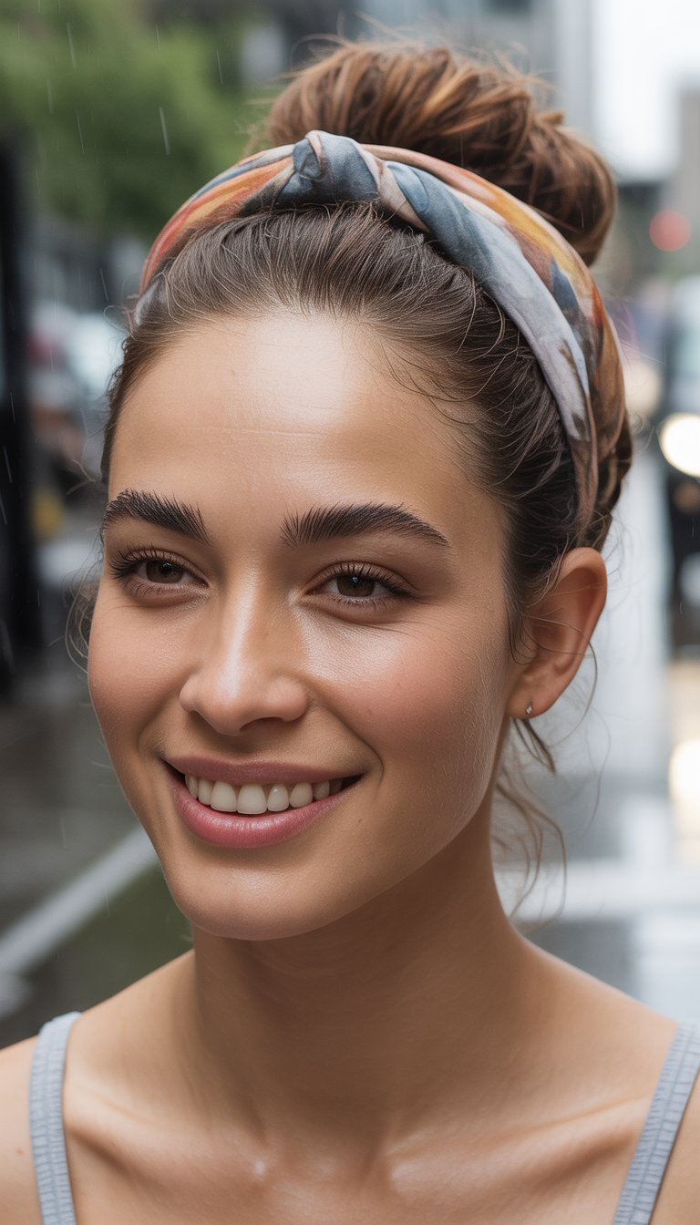 A person with a pleasant smile, wearing a colorful headband and a casual tank top, standing outdoors with a blurred cityscape in the background.