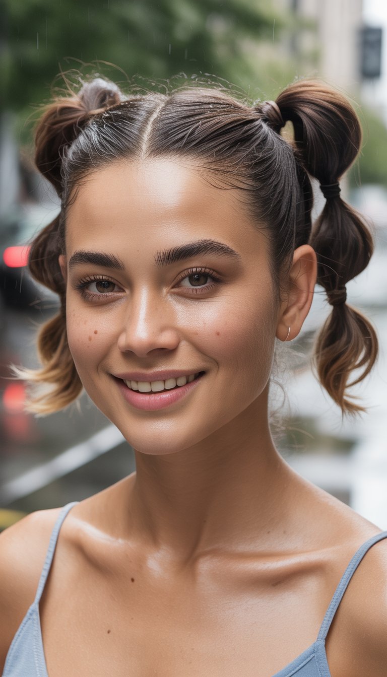 A smiling person with brown hair styled in two high pigtails, wearing a light blue strap top, outdoors with a blurred background of trees and buildings.