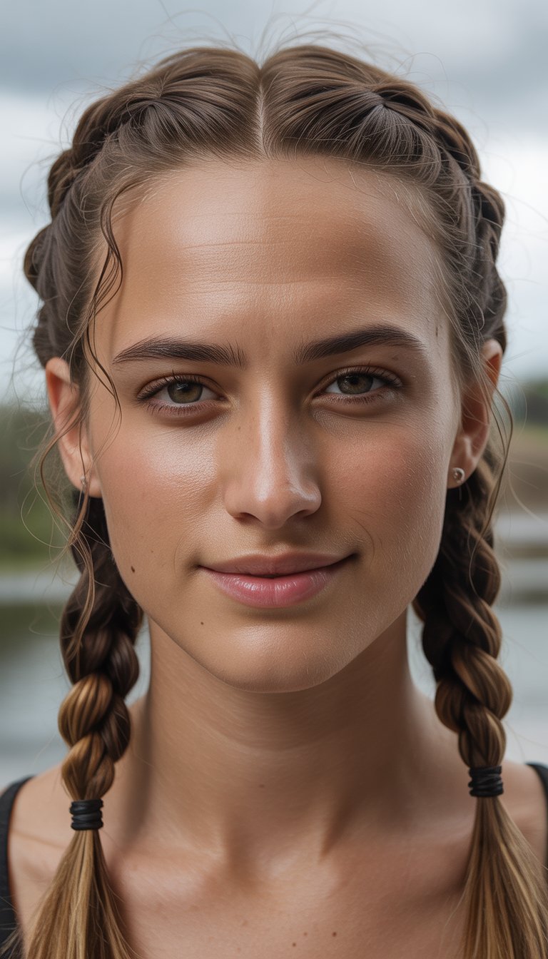 A young woman with tightly braided hair poses outdoors against a blurred natural background, showcasing a serene expression.