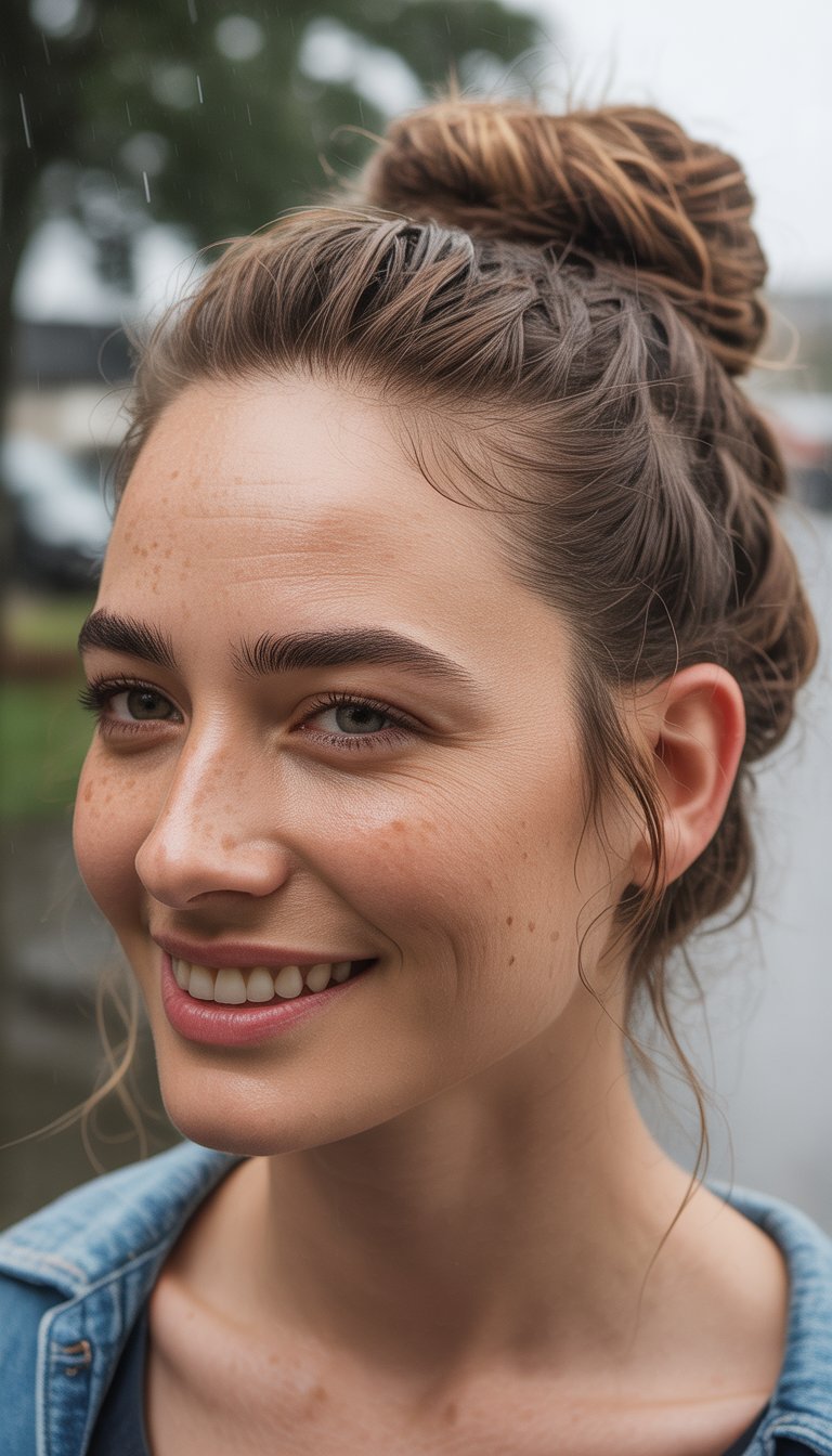 A person with a bun hairstyle and light freckles, smiling while standing outdoors on a rainy day.