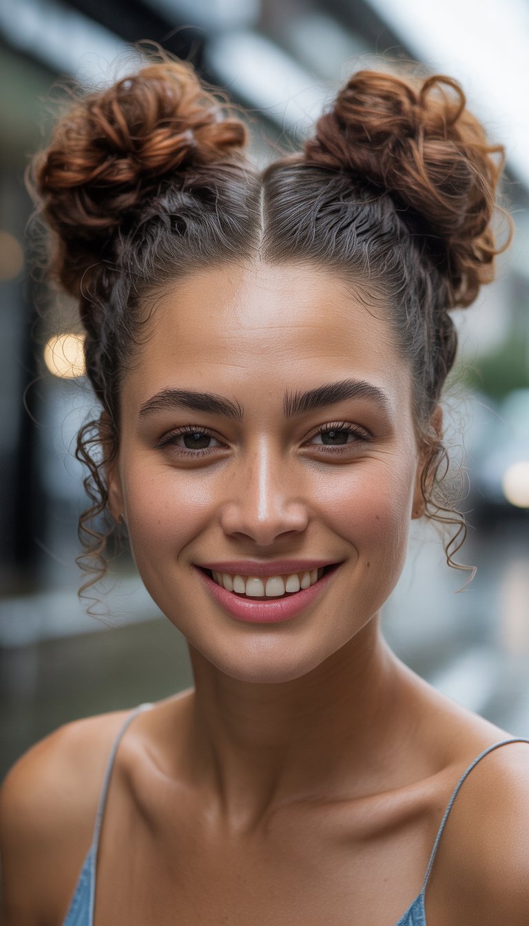A woman with brown hair styled in two buns on top of her head, smiling warmly at the camera. She is wearing a blue top with spaghetti straps. The background is blurred, suggesting an urban environment.