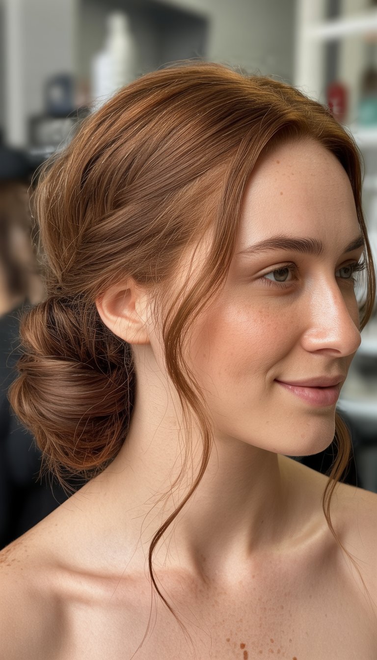 A woman with auburn hair styled in a low bun and loose wavy strands framing her face, in a softly lit indoor setting with blurred background.