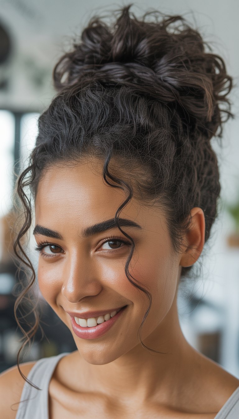 A smiling woman with curly hair styled in a high bun, wearing a light-colored top, and standing in a softly lit room.