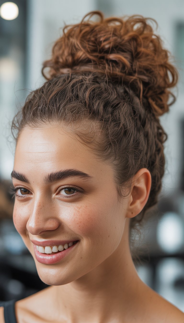 A smiling woman with curly brown hair styled in a bun, wearing natural makeup, and standing indoors.