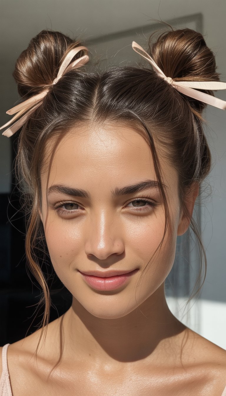 Young woman with hair styled in two buns adorned with pink ribbons, smiling gently in natural light.