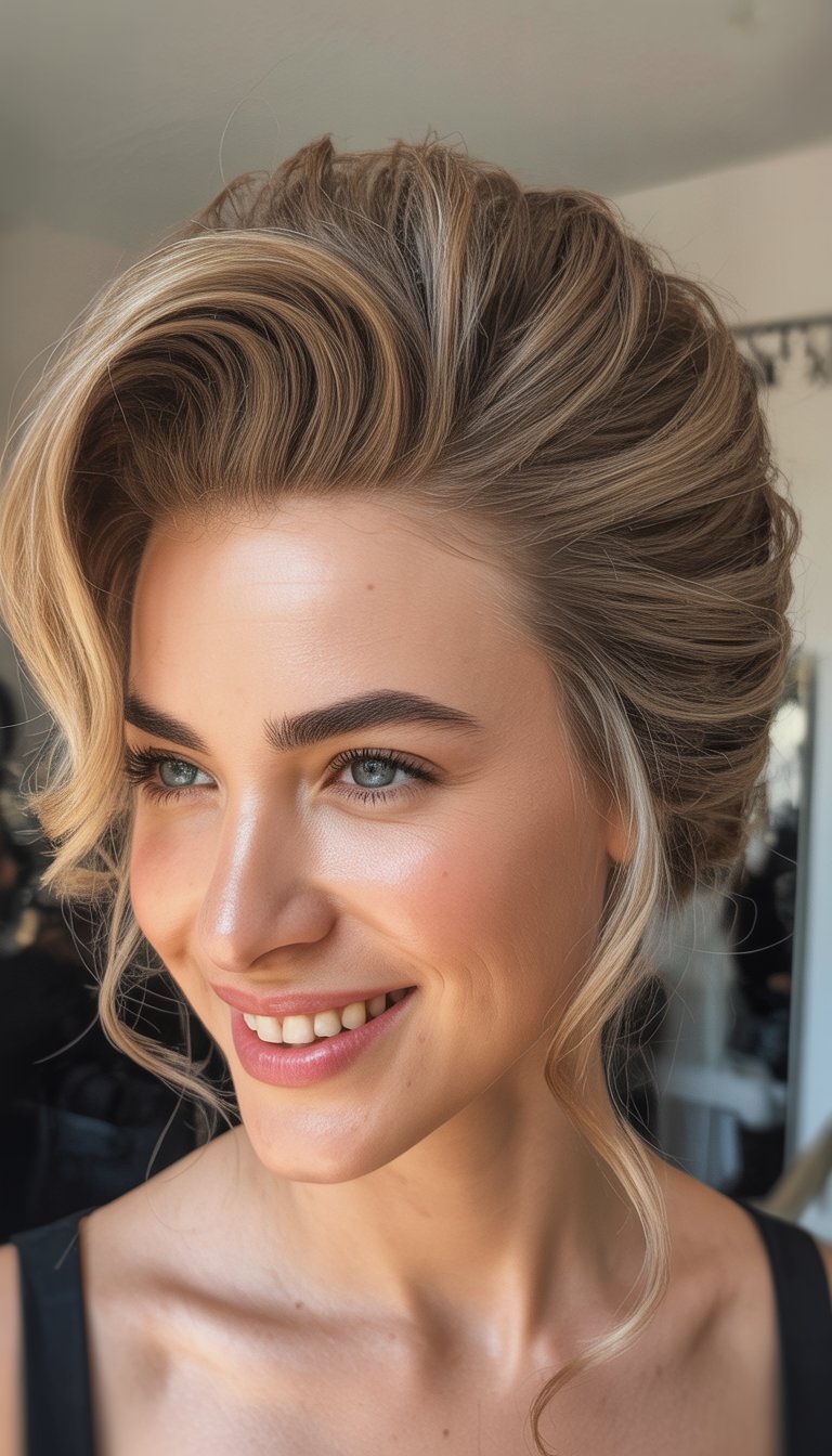 A woman with styled blonde hair, blue eyes, and light makeup smiling and looking to the side.