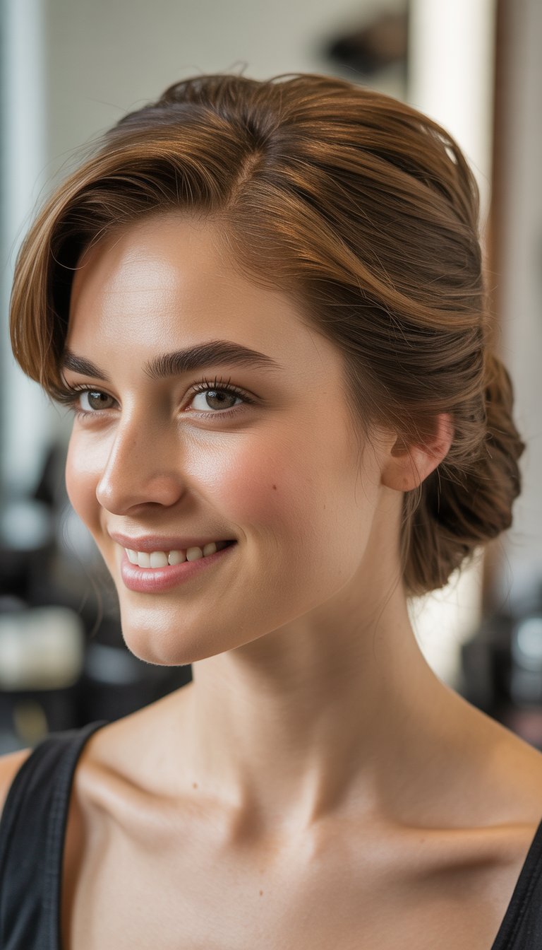 A young woman smiling warmly with her hair neatly tied back, featuring natural makeup and clear skin.