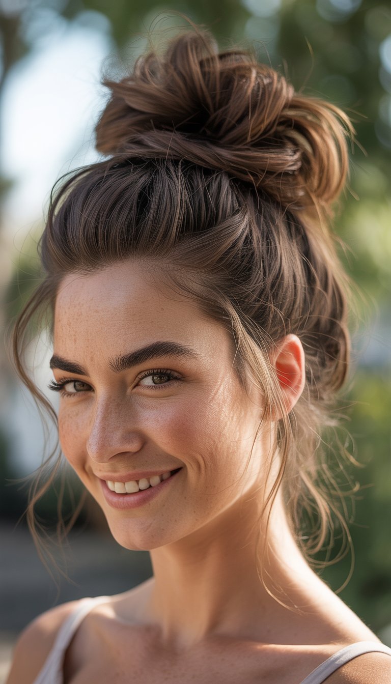 A woman smiling outdoors with her hair styled in a messy bun.
