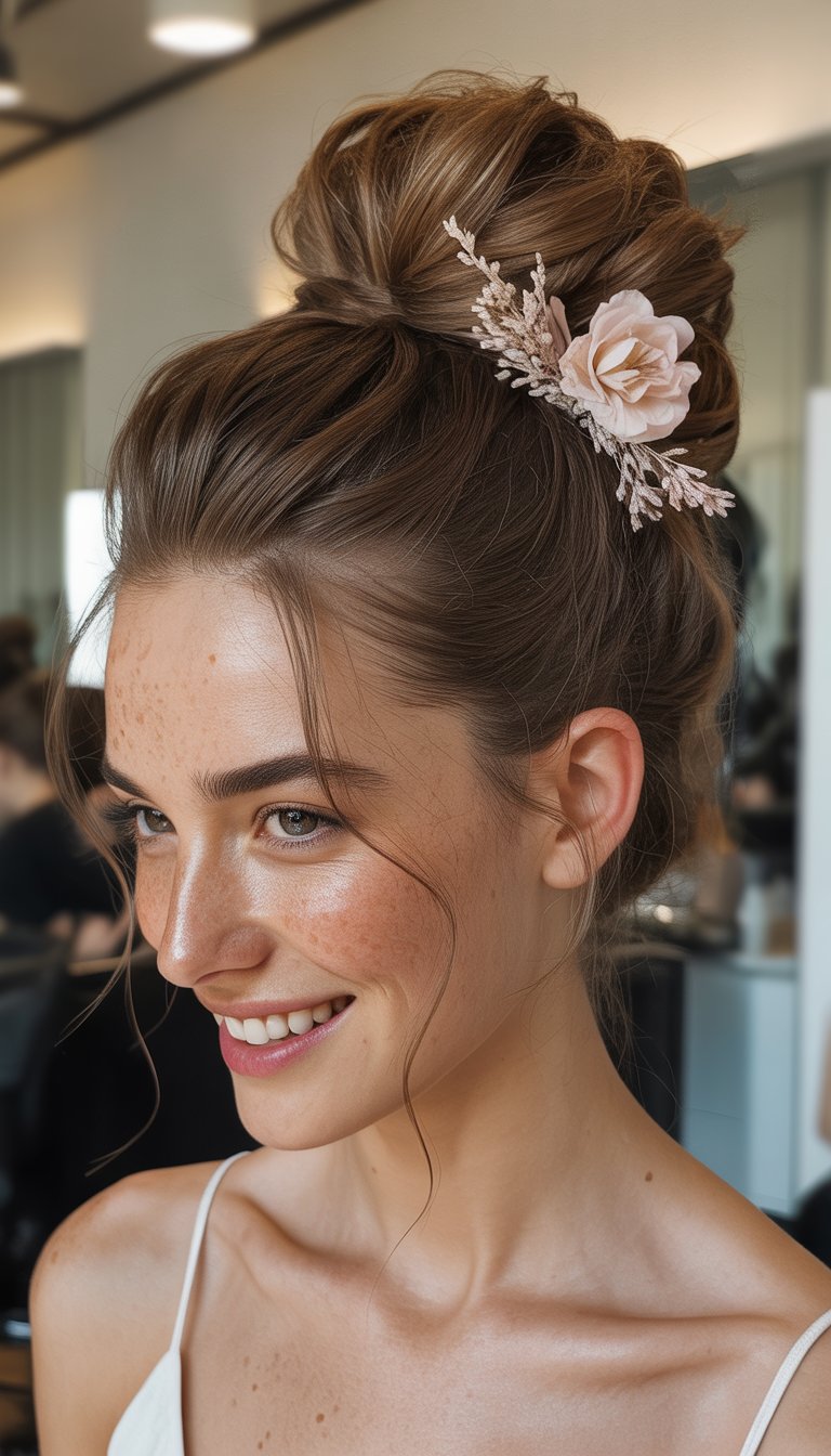 A woman with her hair styled in an elegant updo adorned with a pink flower and small decorative branches, smiling softly in a bright room.