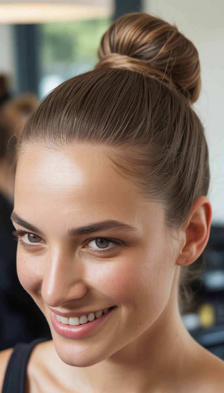 A person with a neatly styled bun smiling and looking to the side, showcasing smooth skin and bright eyes, wearing a black top.