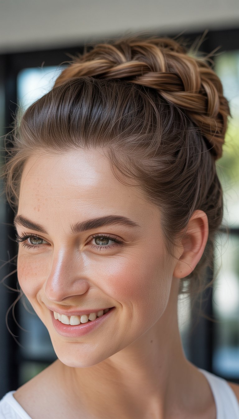A woman with her hair styled in a braided bun, smiling, and wearing a white top in a brightly lit indoor setting.
