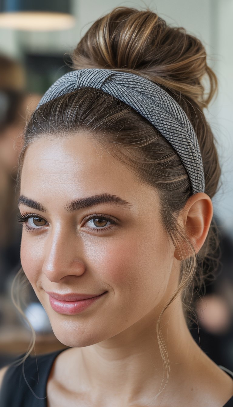 A woman with a stylish updo hairstyle wearing a gray headband, smiling softly.