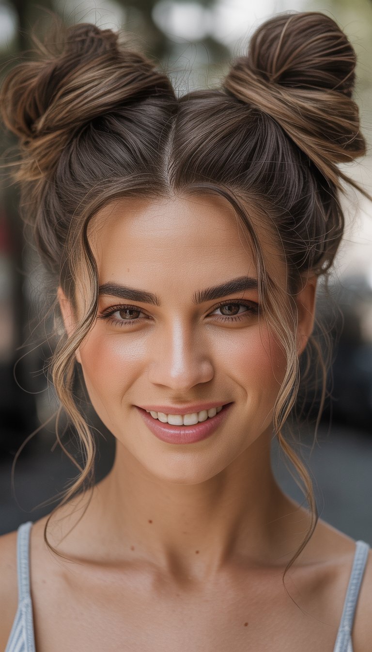 A woman with brown hair styled in double buns and loose waves, smiling while wearing a sleeveless top outdoors.
