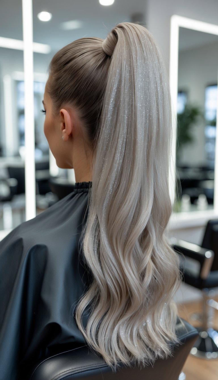 Back view of a person with a high ponytail in a salon.