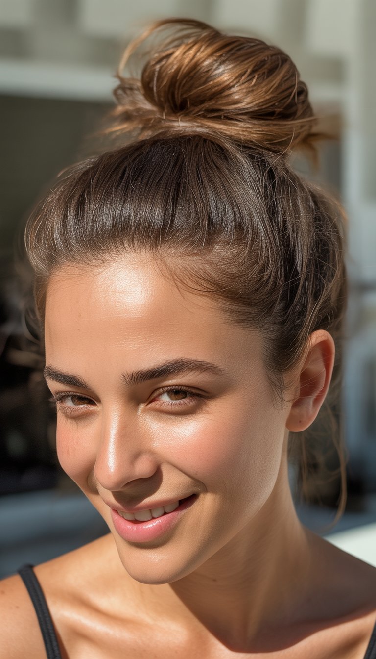 A close-up photo of a smiling woman with her hair styled in a messy bun, looking natural and relaxed.