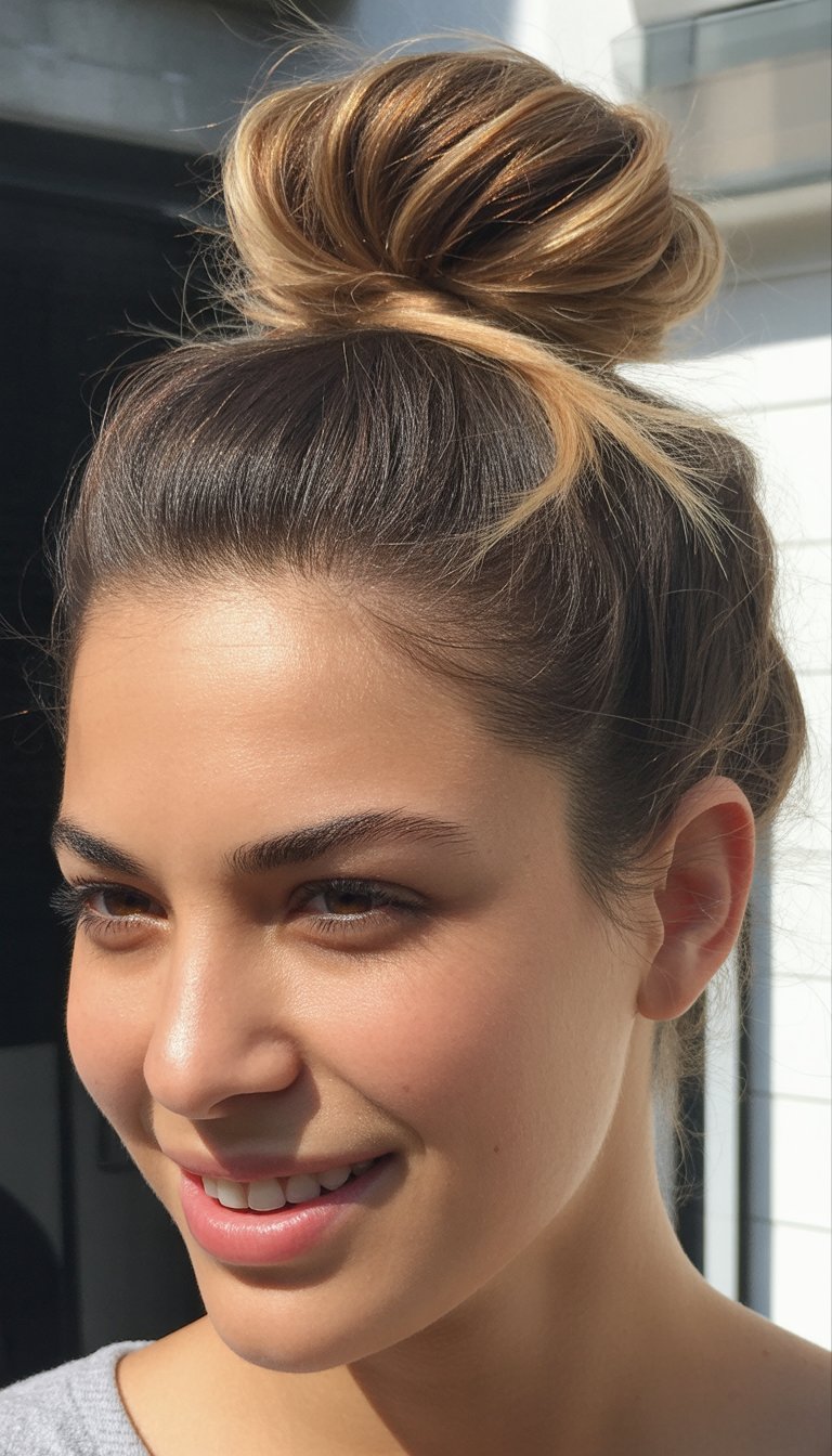 A close-up photo of a smiling woman with her hair styled in a top knot bun, looking directly at the camera.