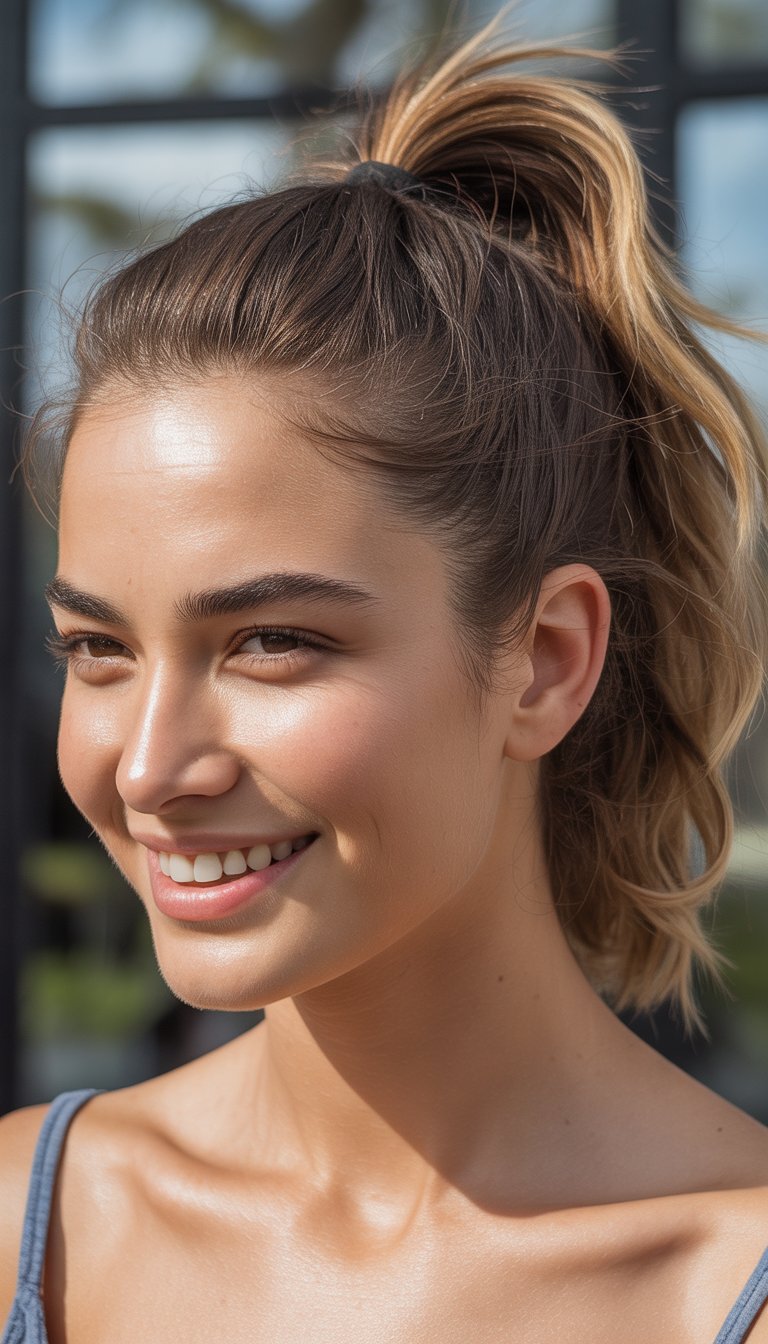 A smiling woman with a knotted ponytail hairstyle, shown from the shoulders up, against a softly blurred background.