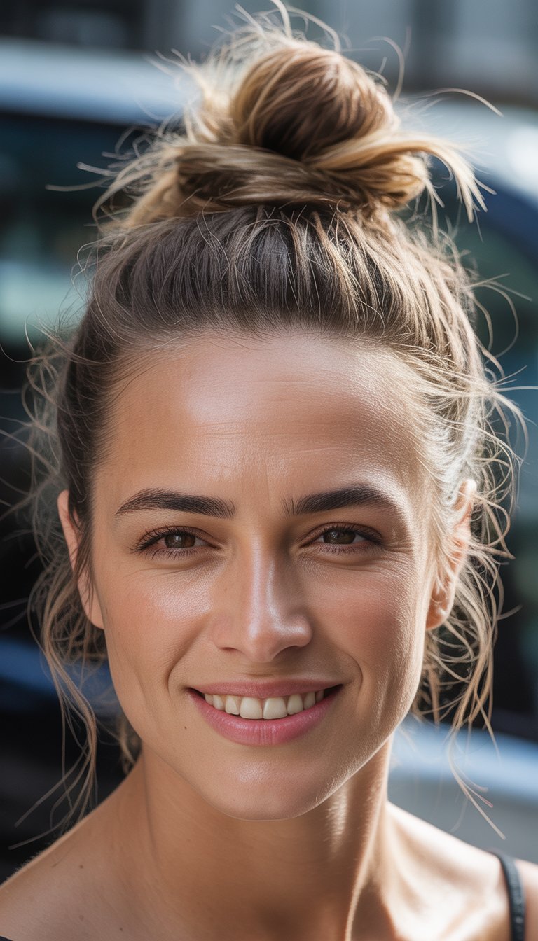 Close-up photo of a smiling woman with a messy top knot hairstyle and flyaway strands.