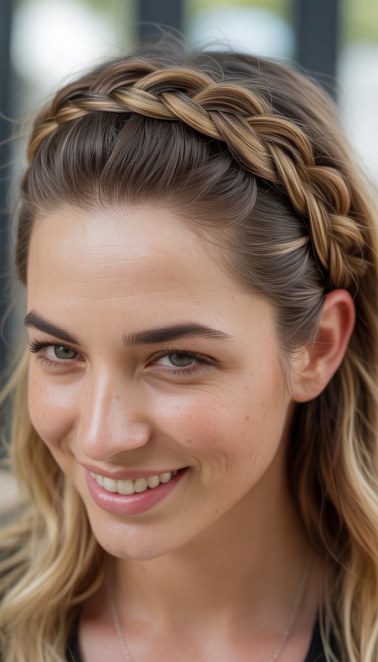 Close-up photo of a smiling woman with a braided headband hairstyle, looking at the camera.