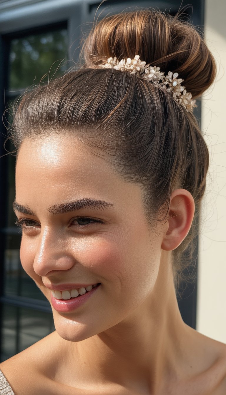 Close-up photo of a woman smiling with her hair styled in a bun and decorated with hair accessories.