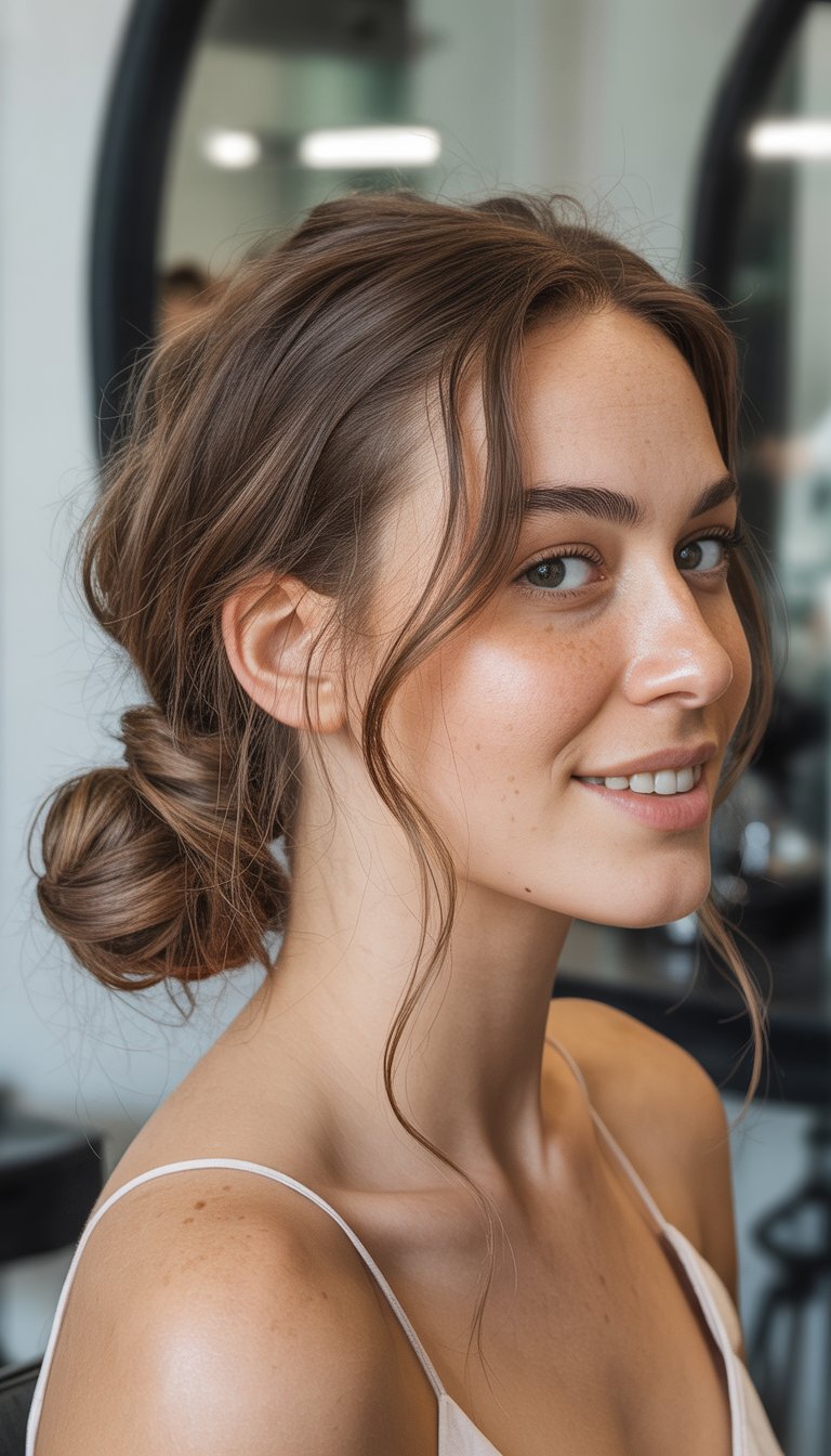 A woman smiling naturally with her hair styled in a loose low bun with twists, photographed in soft natural light with a blurred background.