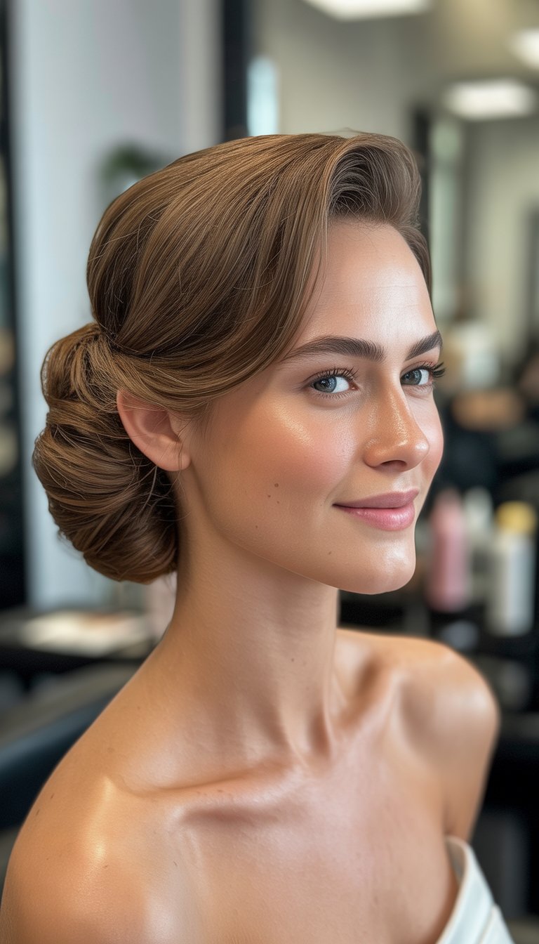 A woman with an elegant updo hairstyle smiling naturally in a salon setting with soft lighting.