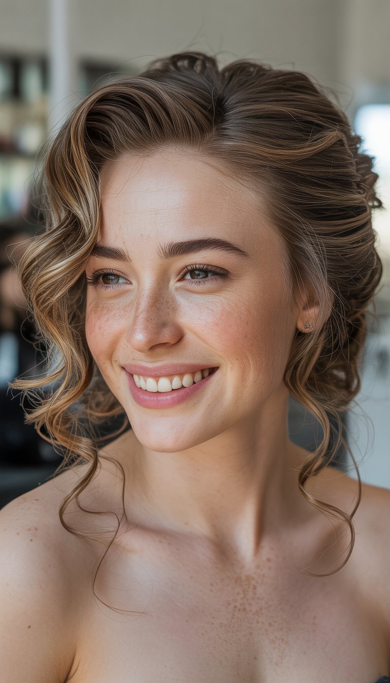 Close-up portrait of a smiling woman with softly curled hair, photographed with natural lighting and realistic details.