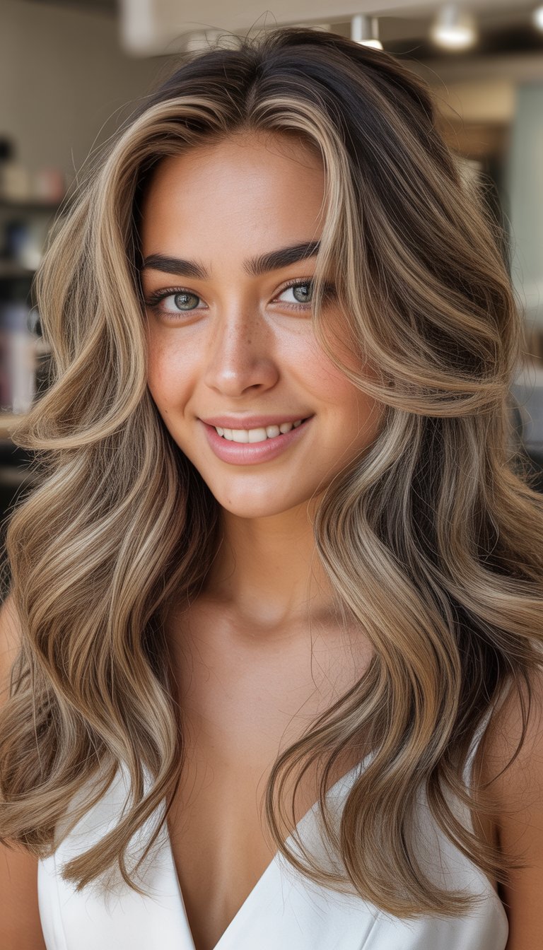 A woman smiling naturally with loose wavy hair, photographed in soft lighting with a blurred background.