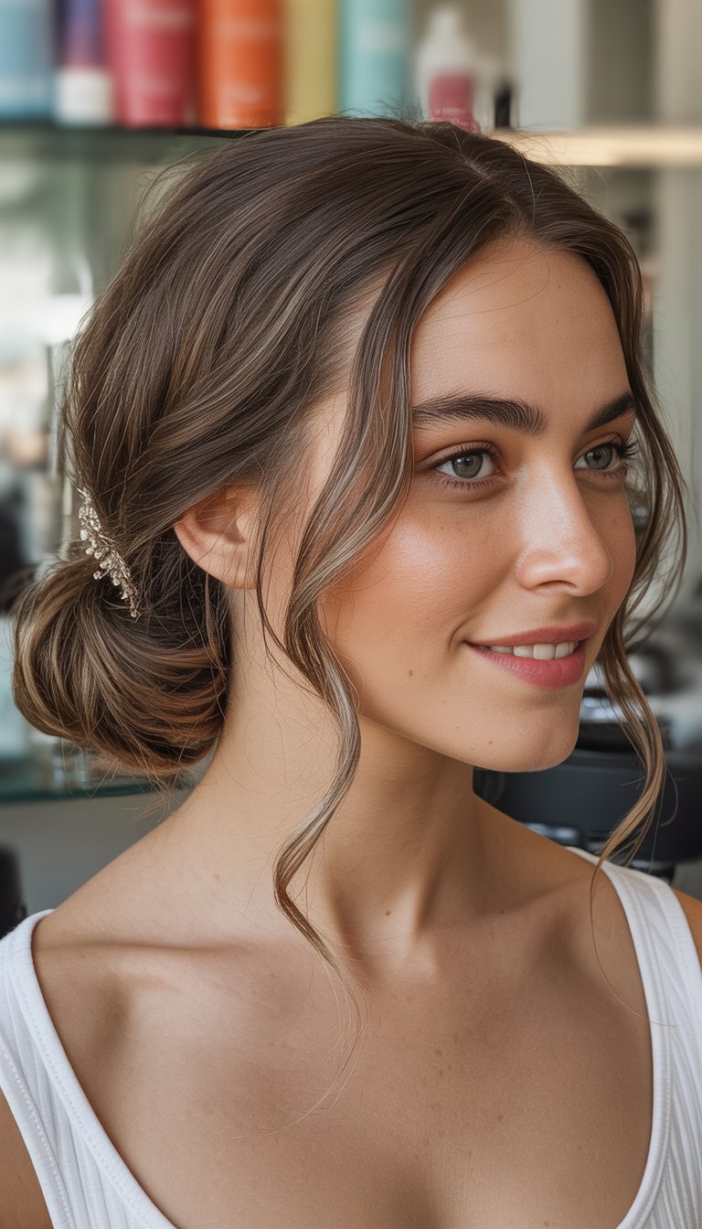 A woman smiling gently with her hair styled in a low chignon decorated with small accessories, photographed in soft natural light.
