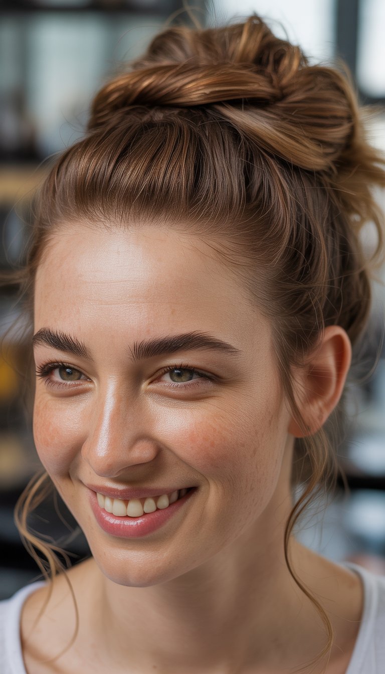 A close-up photo of a smiling woman with a half-up hairstyle, natural lighting, and a softly blurred background.