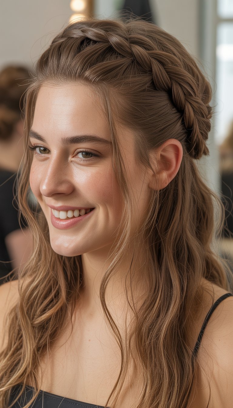 A beautiful woman smiling softly with braided hair styled half up, photographed in natural light with a blurred background.