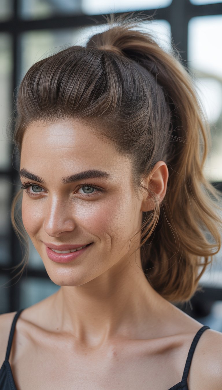 A smiling woman with a high ponytail hairstyle, photographed in soft natural light with a blurred background.