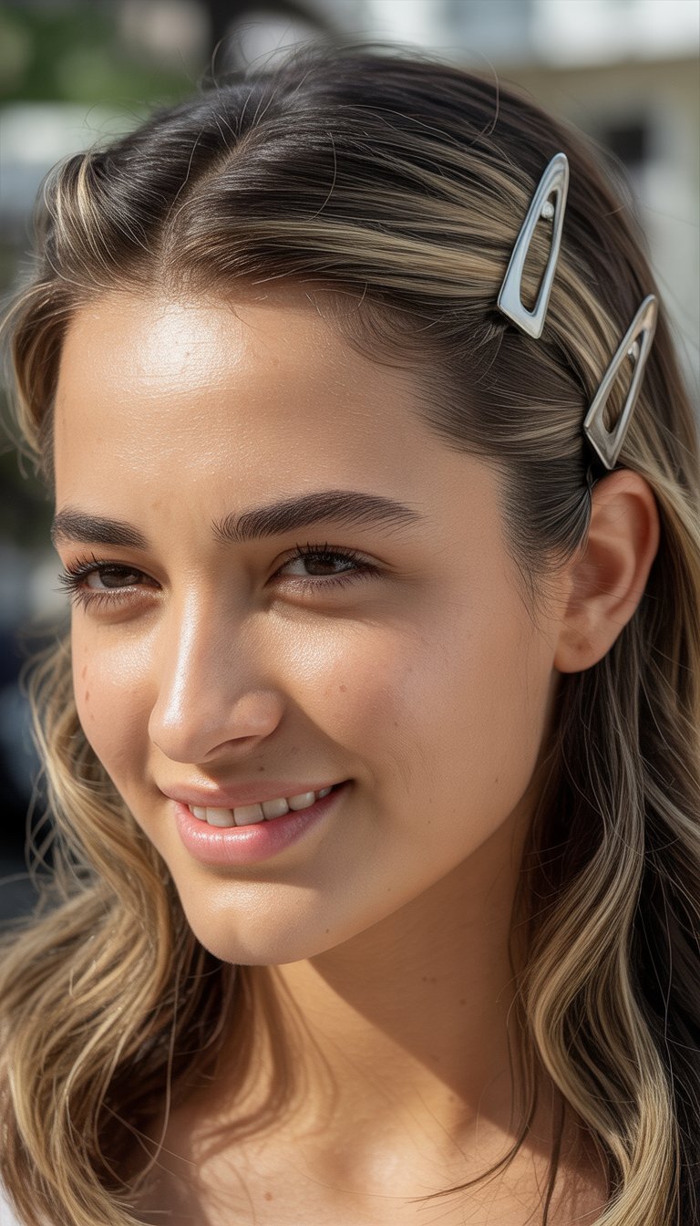 Close-up photo of a smiling woman with hair tucked in and held by clips, looking at the camera.