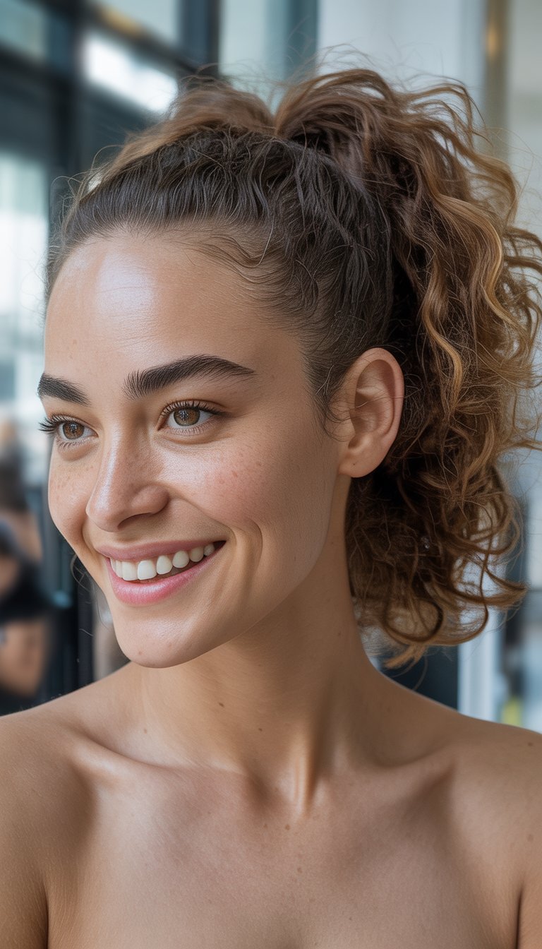 A smiling woman with curly hair tied back in a voluminous ponytail, photographed in soft natural light.