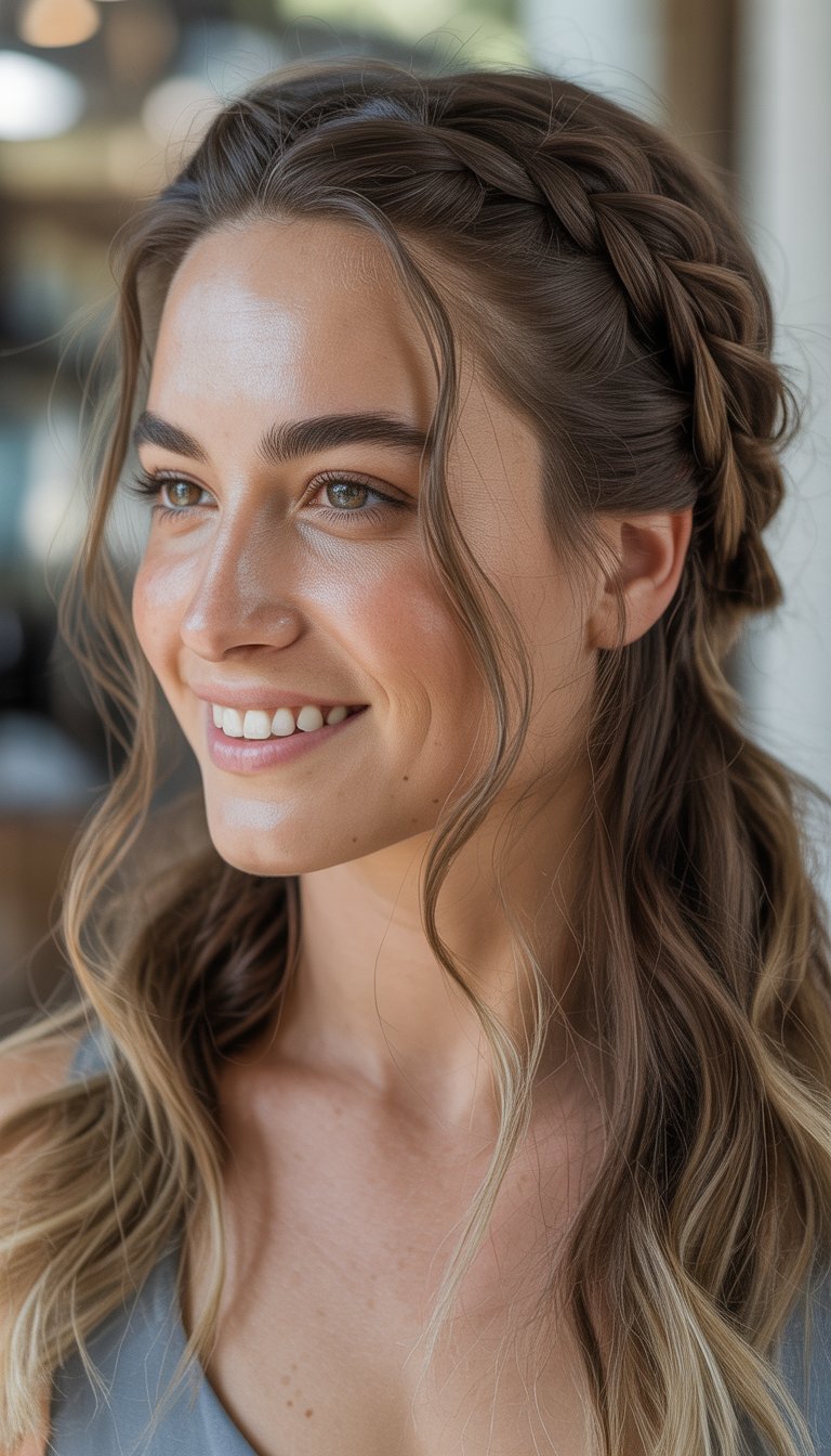 A woman smiling softly with braided hair styled half-up, photographed in natural light.