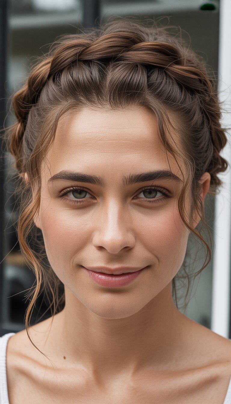 A close-up portrait of a woman smiling gently, showing her braided hair and loose strands around her face.