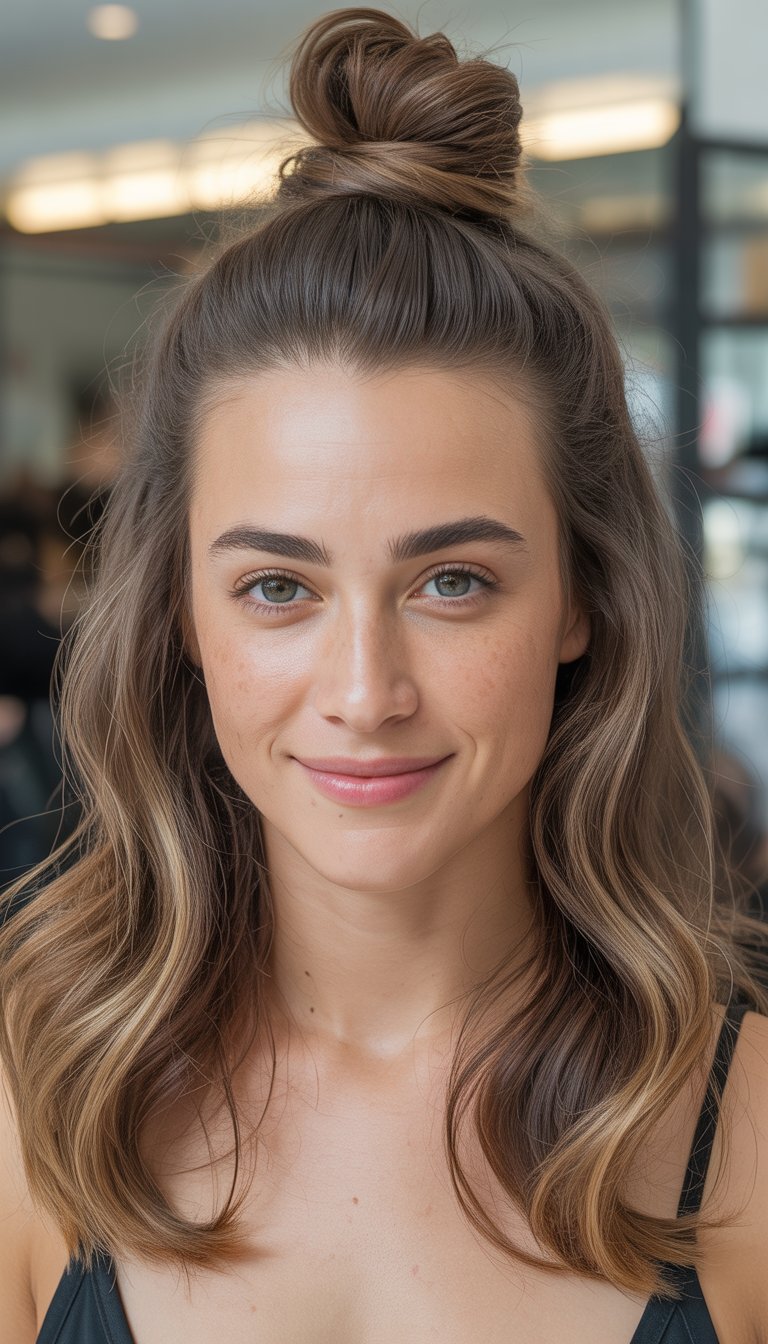 A smiling woman with a half-up top knot hairstyle and soft waves, shown from chest up in a close-up photo.