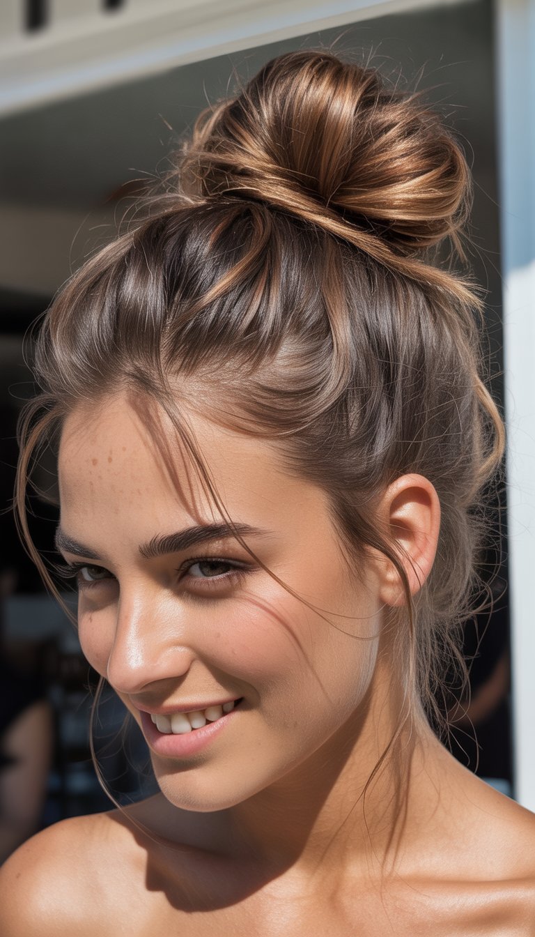 A woman with a high messy bun and loose strands around her face smiling gently at the camera from chest up.