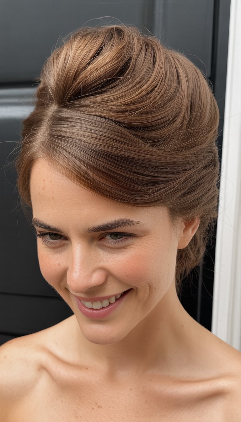 Portrait of a smiling woman from chest up with her hair styled in an elegant updo.