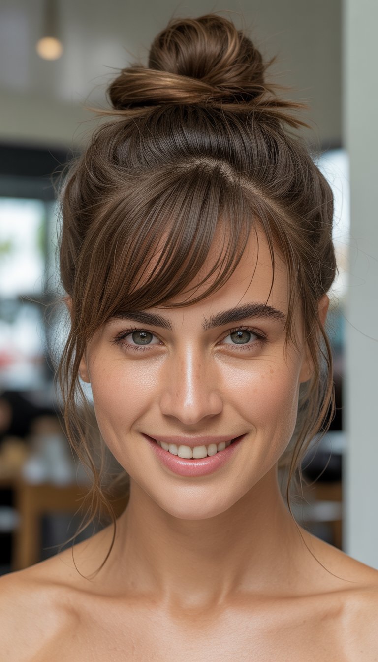 Portrait of a smiling woman from chest up with her hair styled in a top knot and side-swept bangs.
