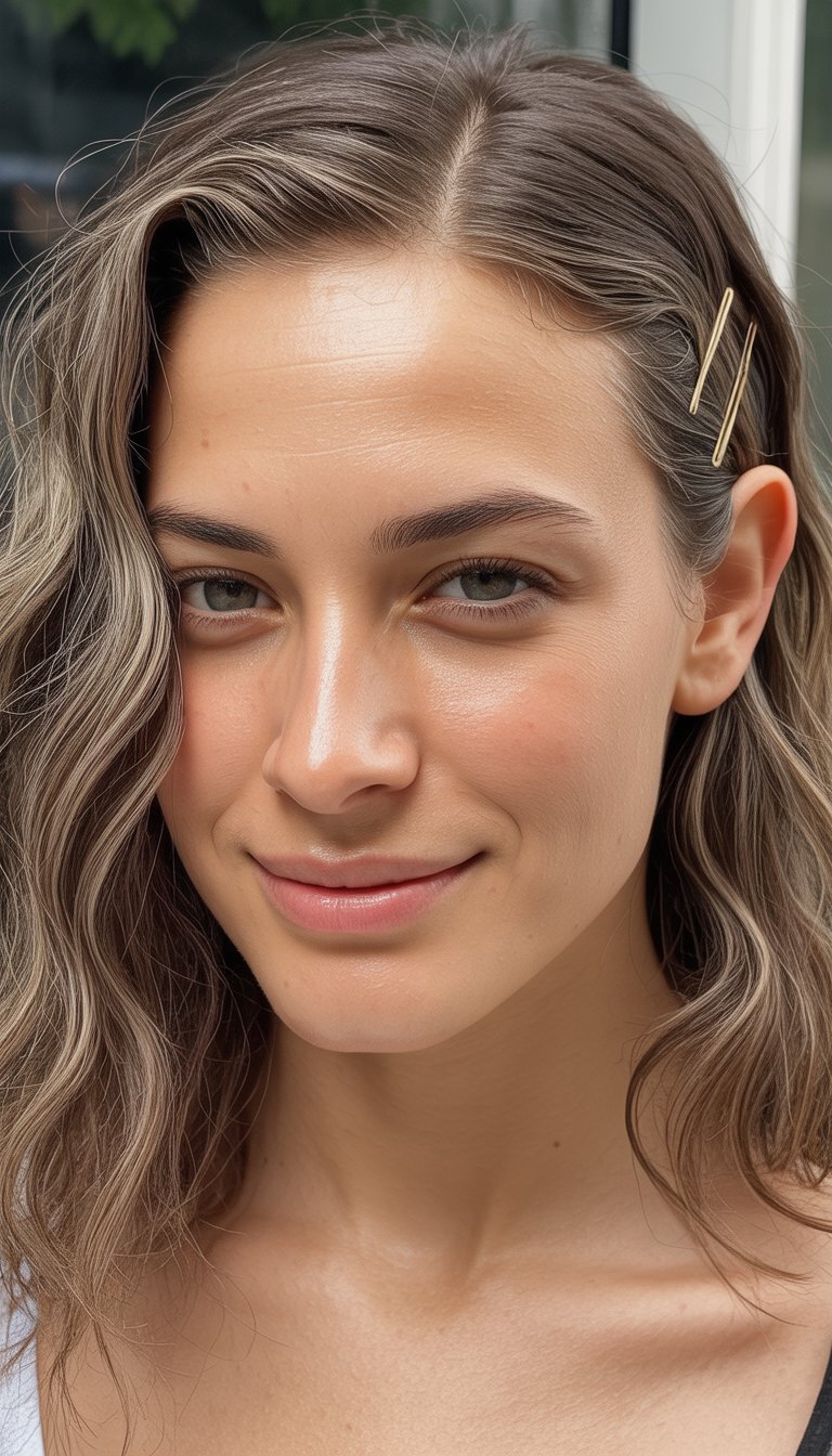 Portrait of a smiling woman with wavy hair pinned on one side, shown from chest up.