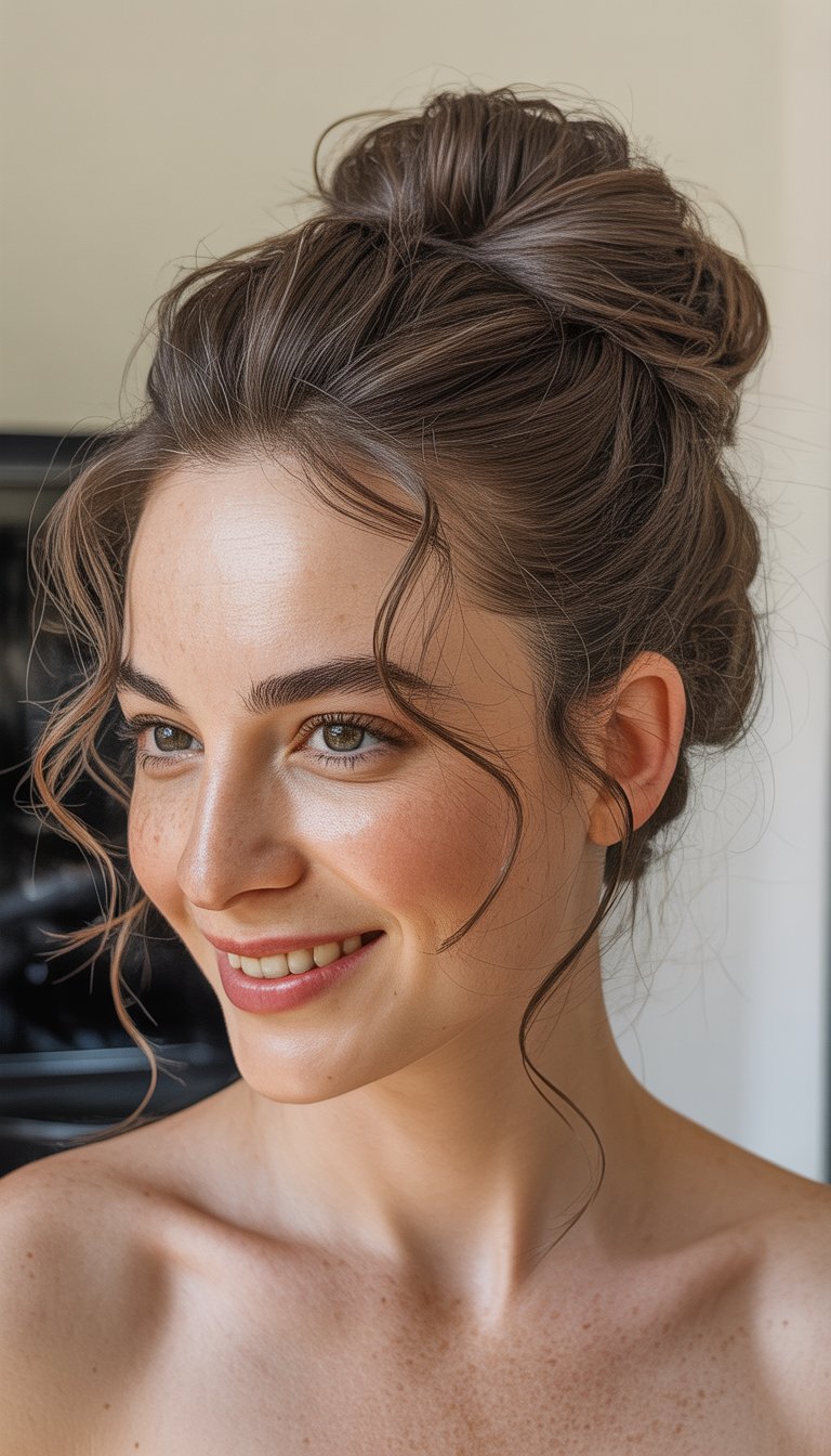 A woman with an elegant updo hairstyle and loose curls framing her face, smiling and looking to the side, against a neutral background.