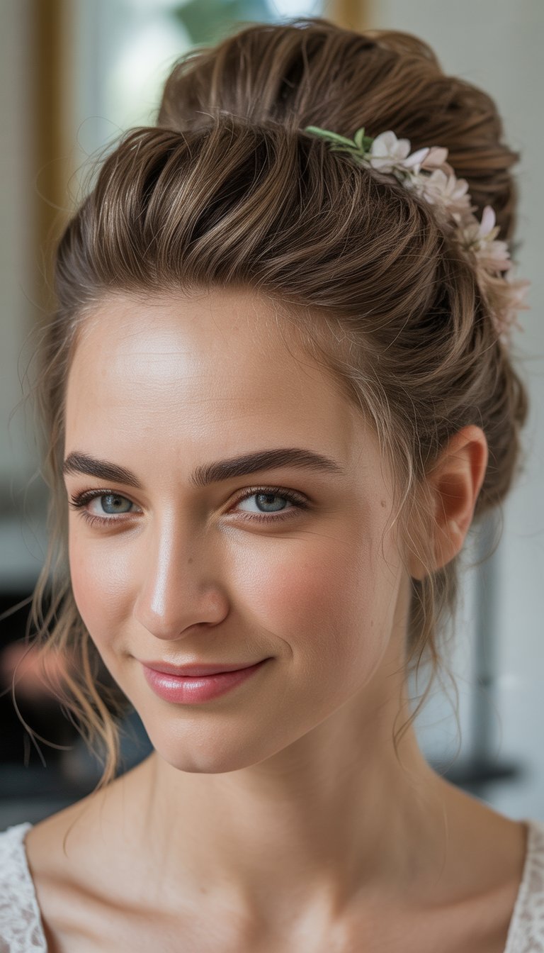 A woman with an elegant updo hairstyle adorned with small flower accessories, smiling softly with natural makeup in a softly lit environment.